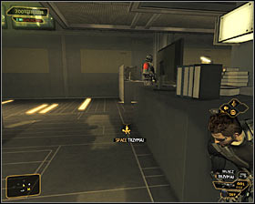 If the nearby security camera has been switched off, you will be able to easily surprise both enemies #1 #2 - (7) Peaceful solution: Reaching the staircase - Confronting Eliza Cassan - Deus Ex: Human Revolution - Game Guide and Walkthrough