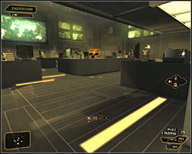 After reaching downstairs, start by eliminating the guard patrolling the southern part of the big room #1 - (7) Peaceful solution: Reaching the staircase - Confronting Eliza Cassan - Deus Ex: Human Revolution - Game Guide and Walkthrough