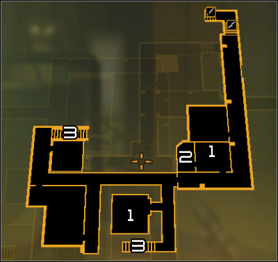 Map legend: 1 - Camera control terminals; 2 - Armory; 3 - Stairs leading onto the lower level - (7) Aggressive solution: Reaching the staircase - Confronting Eliza Cassan - Deus Ex: Human Revolution - Game Guide and Walkthrough