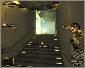 Now you could go through the cleared room and reach the mission objective, but I'd recommend going back to the starting point and choosing the north stairs leading onto level 3 #1 - (7) Aggressive solution: Reaching the staircase - Confronting Eliza Cassan - Deus Ex: Human Revolution - Game Guide and Walkthrough