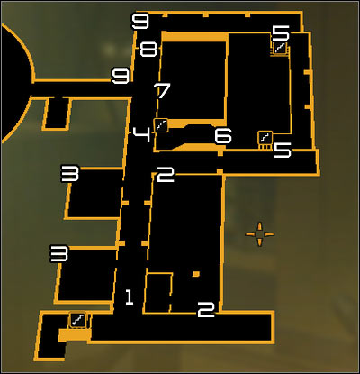 Map legend: 1 - Main corridor; 2 - Office room passage; 3 - Shafts exits; 4 - Southern door to the last corridor; 5 - Data processing room passage; 6 - Side room entrance; 7 - Fragile wall fragment; 8 - Northern door to the last corridor; 9 - Shaft passage leading to the last corridor - (9) Peaceful solution: Reaching room 802-11 - Confronting Eliza Cassan - Deus Ex: Human Revolution - Game Guide and Walkthrough