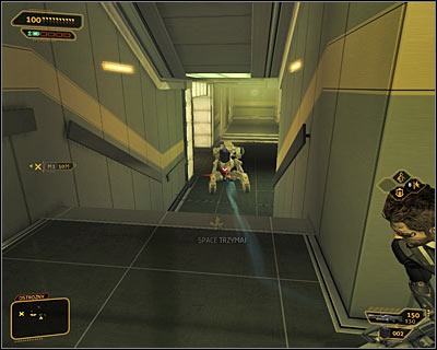 Right after reaching the first level of the basement you should prepare EMP grenades, as the nearby corridors are likely to be patrolled by an enemy robot (screen above) - (9) Aggressive solution: Reaching room 802-11 - Confronting Eliza Cassan - Deus Ex: Human Revolution - Game Guide and Walkthrough