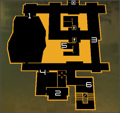 Map legend: 1 - Meeting Hall entrance; 2 - The place where you talk with Taggart or find the terminal; 3 - Guarded zone entrance; 4 - Backroom passage; 5 - Ventilation shaft entrance; 6 - Staircase door - (3) Talking with Taggart - Finding Isaias Sandoval - Deus Ex: Human Revolution - Game Guide and Walkthrough