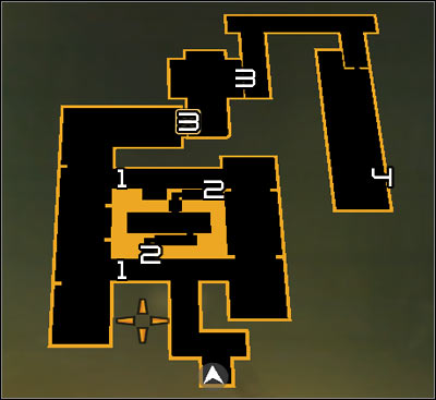 Map legend: 1 - Laser barriers; 2 - Small tunnel entrance and exit; 3 - Sandoval's hideout entrance and exit; 4 - Sewers exit - (8) Passing through the sewers - Finding Isaias Sandoval - Deus Ex: Human Revolution - Game Guide and Walkthrough