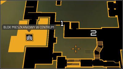 Map legend: 1 - Western path to the locker (a hole in the fence blocked by a container); 2 - Eastern part to the locker (alley with a burning car) - Acquaintances Forgotten (steps 4-8) - Side quests - Deus Ex: Human Revolution - Game Guide and Walkthrough