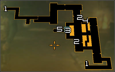 Map legend: 1 - Sewers entrances; 2 - Turrets; 3 - Jacob White and the third turret; 4 - Turret control terminal; 5 - Bomb - Smash the State (step 4) - Side quests - Deus Ex: Human Revolution - Game Guide and Walkthrough