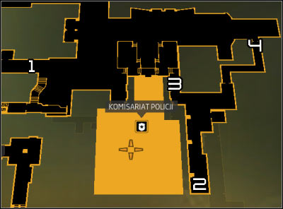 Map legend: 1 - Western sewers entrance; 2 - South-east sewers entrance; 3 - Fence; 4 - Corridor with discharges - Smash the State (step 4) - Side quests - Deus Ex: Human Revolution - Game Guide and Walkthrough