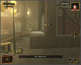 Now you must carefully walk past the local guard #1, who is busy shooting at the flying vehicle - (1) Peaceful solution: Getting out of the construction site - Find Vasili Sevchenkos GPL Device - Deus Ex: Human Revolution - Game Guide and Walkthrough