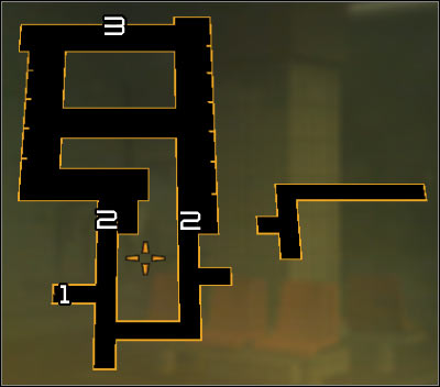 Map legend: 1 - Start point after getting down to the sewers; 2 - Ladders leading to the northern part of the sewers; 3 - Entrance to the Harvesters hideout - (4) Peaceful solution: Getting into the Harvesters hideout - Find Vasili Sevchenkos GPL Device - Deus Ex: Human Revolution - Game Guide and Walkthrough