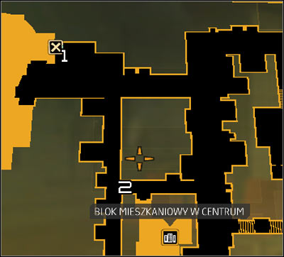 Map legend: 1 - Main entrance to the Harvesters hideout; 2 - Descent to the sewers - (4) Peaceful solution: Getting into the Harvesters hideout - Find Vasili Sevchenkos GPL Device - Deus Ex: Human Revolution - Game Guide and Walkthrough
