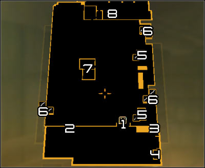 Map legend: 1 - Main port gate; 2 - Transformator with electric discharges; 3 - Hole blocked by crates; 4 - Guardroom with a terminal and a switch; 5 - Guardrooms with terminals; 6 - Descents to lower paths; 7 - Warehouse with tools and a first sniper; 8 - Main warehouse and a second sniper - (3) Getting into the port area - Stowing Away - Deus Ex: Human Revolution - Game Guide and Walkthrough