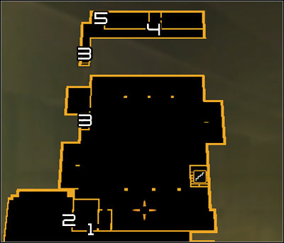 Map legend: 1 - Main entrance to the warehouse; 2 - Ladder; 3 - Stairs leading to the backside balconies; 4 - Main entrance to warehouse offices; 5 - Ladder - (5) Peaceful solution: Getting inside the port warehouse - Stowing Away - Deus Ex: Human Revolution - Game Guide and Walkthrough
