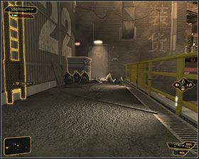 If you do not want to choose this way, then take a closer look at the west wall of the large warehouse, finding a ladder there #1 - (5) Aggressive solution: Getting inside the port warehouse - Stowing Away - Deus Ex: Human Revolution - Game Guide and Walkthrough