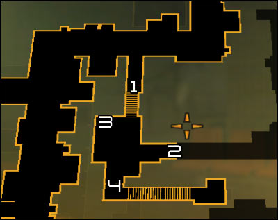 Map legend: 1 - Closed gate; 2 - Passage from the Kuaigan district; 3 - Descent from the roof; 4 - Entrance to the back room of the butcher shop - Talion A.D. (steps 1-3) - Side quests - Deus Ex: Human Revolution - Game Guide and Walkthrough