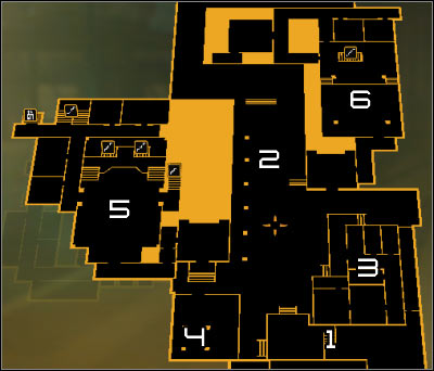 Map legend: 1 - Stairs leading to the main square; 2 - Defensive turret; 3 - Security building; 4 - Jam device; 5 - Bio-Mech Lab; 6 - Micro-Gen Lab - (1) Peaceful solution: Reaching the main square - Rescuing Megan and Her Team - Deus Ex: Human Revolution - Game Guide and Walkthrough