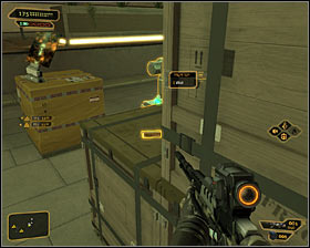 Move between covers until youll get behind the defensive turret and a guard standing there #1 - (1) Peaceful solution: Reaching the main square - Rescuing Megan and Her Team - Deus Ex: Human Revolution - Game Guide and Walkthrough