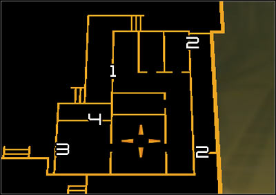 Map legend: 1 - Main entrance to the security building; 2 - Rear entrance to the security building (through the window); 3 - Terminal controlling the jammer; 4 - Armory - (2) Disabling the signal jammer - Rescuing Megan and Her Team - Deus Ex: Human Revolution - Game Guide and Walkthrough