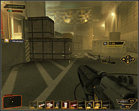 Leave the warehouse where youve started the game and start eliminating two guards here #1 - (1) Aggressive solution: Reaching the main square - Rescuing Megan and Her Team - Deus Ex: Human Revolution - Game Guide and Walkthrough