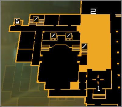 Map legend: 1 - Main entrance to the Bio-Mech Lab building; 2 - Entrance to the air vent - (3) Peaceful solution: Finding Declan Faherty - Rescuing Megan and Her Team - Deus Ex: Human Revolution - Game Guide and Walkthrough
