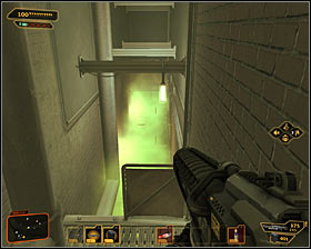Enter the air vent and start walking through narrow corridors #1 - (3) Peaceful solution: Finding Declan Faherty - Rescuing Megan and Her Team - Deus Ex: Human Revolution - Game Guide and Walkthrough