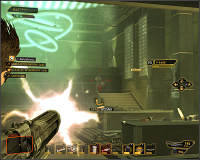 After killing both enemies stay here, because there are three more guards in the Bio-Mech Lab building - (3) Aggressive solution: Finding Declan Faherty - Rescuing Megan and Her Team - Deus Ex: Human Revolution - Game Guide and Walkthrough