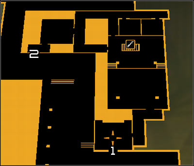 Map legend: 1 - Main entrance to the Micro-Gen Lab building; 2 - Breakable wall - (4) Peaceful solution: Finding Nia Colvin - Rescuing Megan and Her Team - Deus Ex: Human Revolution - Game Guide and Walkthrough