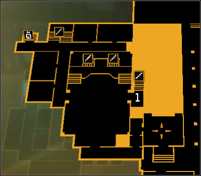 Map legend: 1 - Stairs leading to the bridge connecting both buildings - (4) Peaceful solution: Finding Nia Colvin - Rescuing Megan and Her Team - Deus Ex: Human Revolution - Game Guide and Walkthrough