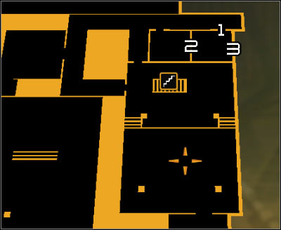 Map legend: 1 - Main entrance to the room G-11; 2 - Breakable wall; 3 - Air vent entrance - (4) Peaceful solution: Finding Nia Colvin - Rescuing Megan and Her Team - Deus Ex: Human Revolution - Game Guide and Walkthrough