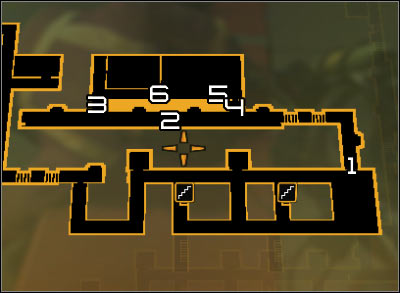 Map legend: 1 - Corridor leading to Taggarts place; 2 - Corridor with cameras and a robot; 3 - Entrance locked by crates; 4 - Entrance to the server room; 5 - Terminal in the server room; 6 - Server room exit - (6) Peaceful solution: Reaching the William Taggarts hideout - Shutting Down Darrows Signal - Deus Ex: Human Revolution - Game Guide and Walkthrough