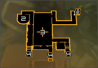 Map legend: 1 - Start place if you use an elevator; 2 - Start place if you jump into an air vent; 3 - Main room with insane civilians; 4 - Descends to level -4 - (7) Peaceful solution: Reaching the David Sarifs hideout - Shutting Down Darrows Signal - Deus Ex: Human Revolution - Game Guide and Walkthrough
