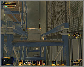 After reaching an eastern part of level -2 look around for a large, orange -2 container #1, because it will be your start point for climbing - (7) Peaceful solution: Reaching the David Sarifs hideout - Shutting Down Darrows Signal - Deus Ex: Human Revolution - Game Guide and Walkthrough
