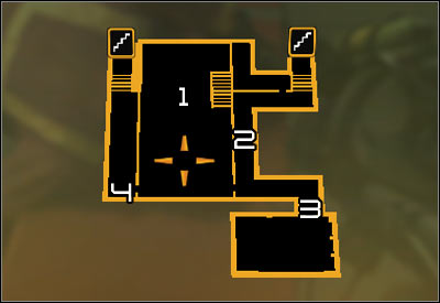 Map legend: 1 - Main room with insane civilians; 2 - Mined corridor; 3 - Door blocked by large crates; 4 - Entrance to an air vent - (7) Peaceful solution: Reaching the David Sarifs hideout - Shutting Down Darrows Signal - Deus Ex: Human Revolution - Game Guide and Walkthrough