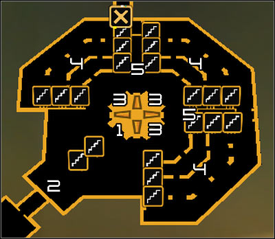 Map legend: 1 - Switch off supporting system terminal; 2 - Zhao Run Yu; 3 - Human modules; 4 - Computer terminals; 5 - Storage rooms - (9) Defeating the Hyron Project - Shutting Down Darrows Signal - Deus Ex: Human Revolution - Game Guide and Walkthrough