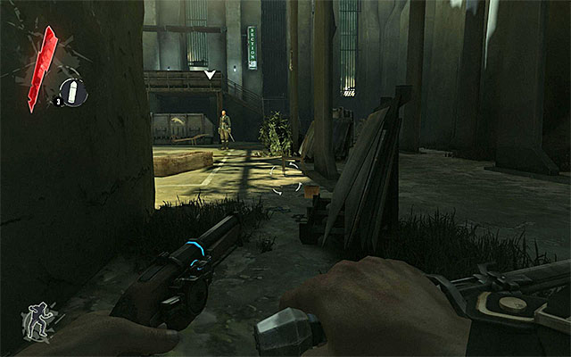 You may have already noticed that one of the guards positioned himself to the right, whereas the other one is patrolling the yard and stops briefly here and there - Planting the explosive - Mission 1 - Dishonored - Dishonored - Game Guide and Walkthrough