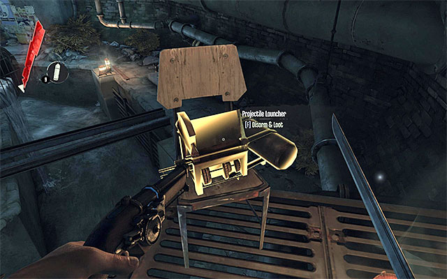 Jump over the large pipe ahead of you to reach a place where there is a launcher connected with one of the traps (the above screenshot) - Finding the supply chest in the sewers - Mission 1 - Dishonored - Dishonored - Game Guide and Walkthrough