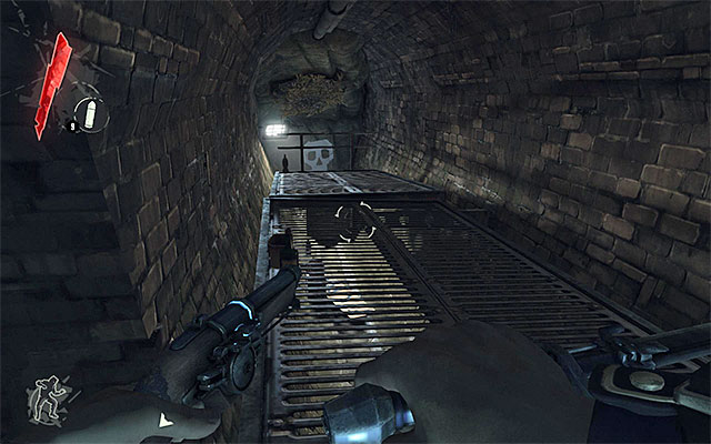 Jump over the pipe again and go through a plank with a skull painted at the end of it (the above screenshot) - Finding the supply chest in the sewers - Mission 1 - Dishonored - Dishonored - Game Guide and Walkthrough