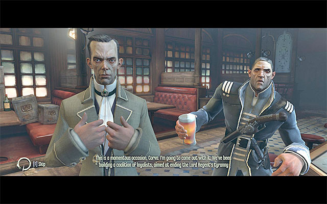 Enter the pub's main room and approach the characters at the counter - admiral Havelock and lord Traevor Pendleton - Meeting with the Loyalists - The Hound Pits Pub - Dishonored - Game Guide and Walkthrough