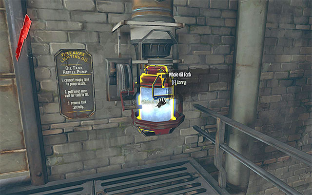 Go upstairs and approach the device on the right (the above screenshot) and collect whale oil tank - Meeting with the Loyalists - The Hound Pits Pub - Dishonored - Game Guide and Walkthrough