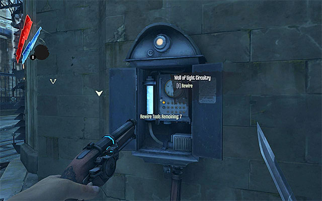 A less obvious thing to do is to hack the control panel, to the right of the wall, using a rewire tool - Getting past the first Wall of Light - Mission 2 - High Overseer Campbell - Dishonored - Game Guide and Walkthrough