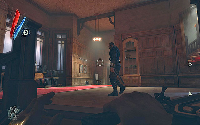 The second floor of the building is patrolled by a single guard, unless this is the floor that you started the exploration on, and you haven't yet witnessed the conversation of the guard with the chambermaid - Breaking into Doctor Galvani's House - Mission 2 - High Overseer Campbell - Dishonored - Game Guide and Walkthrough