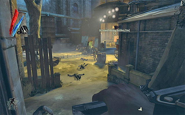 The distillery is occupied by gang members and, unfortunately you need to expect them to be hostile towards you - Contaminating the bootleg elixir in the Bottle Street Gang's headquarters - Mission 2 - High Overseer Campbell - Dishonored - Game Guide and Walkthrough