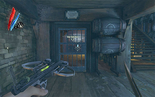 Having taken care of All the business, you can now return to the abovementioned corridor with the trap in it, and find the entrance to a small room underneath the stairs (the above screenshot) (you may enter either using the key or performing a slide) - Contaminating the bootleg elixir in the Bottle Street Gang's headquarters - Mission 2 - High Overseer Campbell - Dishonored - Game Guide and Walkthrough