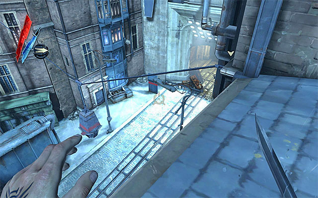Still, if you don't want to be noticed by the guards and have to fight them, start climbing onto the roofs using Blink (teleport), in order to get safely to near the gate - Reaching Holger Square - Mission 2 - High Overseer Campbell - Dishonored - Game Guide and Walkthrough