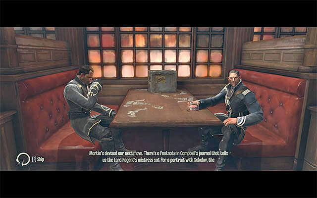Now, you need to go to the bar on the ground floor of the pub building to talk to Admiral Havelock and Overseer Martin - Meeting with the Loyalists - The Hound Pits Pub #4 - Dishonored - Game Guide and Walkthrough