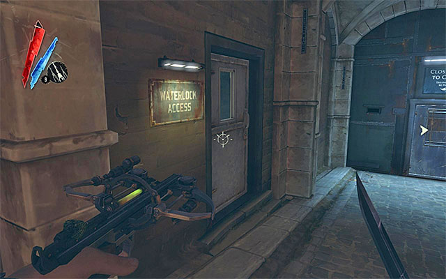 Another one of the optional activities is to explore the area around the waterlock, and it's best reached by means of the door marked Waterlock Access (the above screenshot), located behind the lodge - Getting around the second outpost - Mission 4 - The Royal Physician - Dishonored - Game Guide and Walkthrough