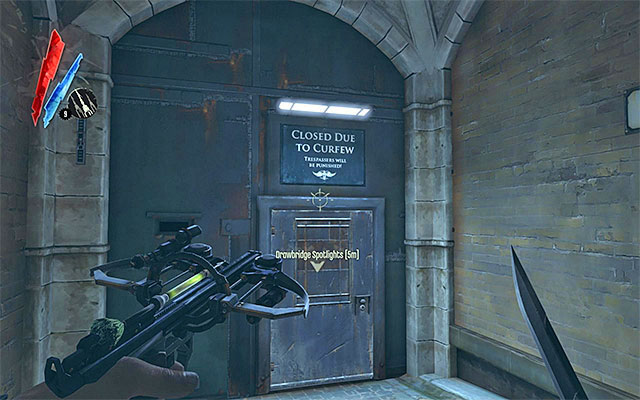 Regardless of how long it took you to explore the area around the second outpost, you now need to reach the door at the back of the lodge (the above screenshot) - Getting around the second outpost - Mission 4 - The Royal Physician - Dishonored - Game Guide and Walkthrough