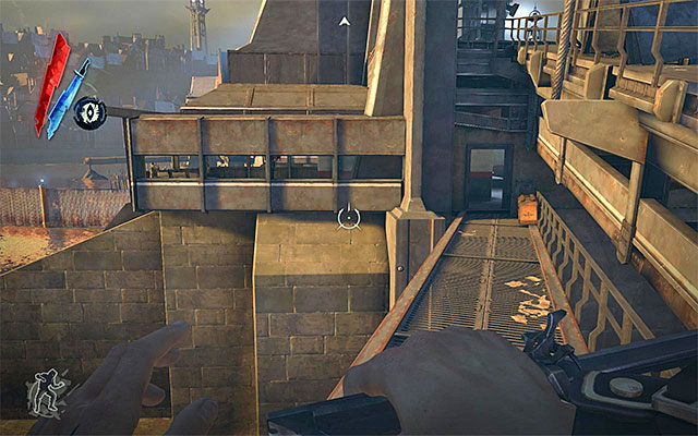 I recommend that, after you go around and optionally neutralize the first pylon, you take the catwalk (the above screenshot) to some sort of a bunker - Reaching the other side of the drawbridge - Mission 4 - The Royal Physician - Dishonored - Game Guide and Walkthrough