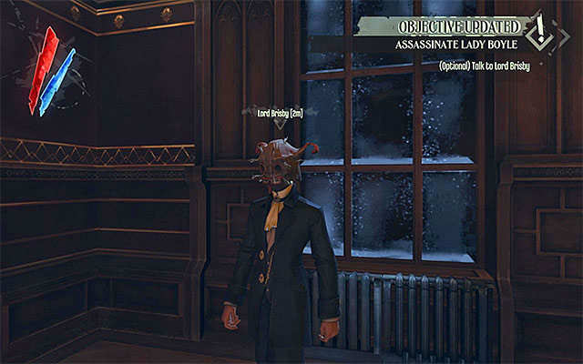 Before you go to Esma's bedroom, it would be a good idea to talk to Lord Brisby on the ground floor (the above screenshot) - Choosing your way of eliminating Lady Boyle - Mission 5 - Lady Boyles Last Party - Dishonored - Game Guide and Walkthrough