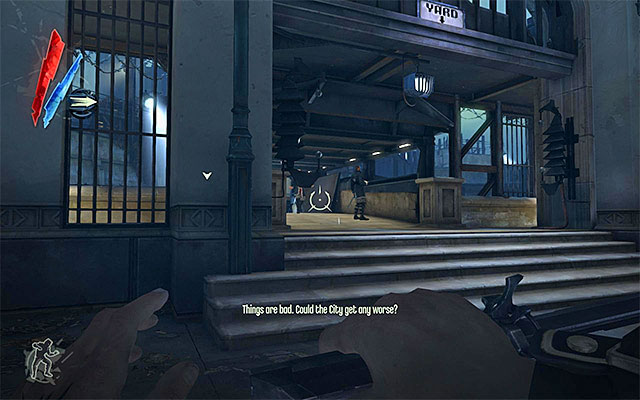 The main exit from the beginning part of this mission is guarded by the active wall of light (the above screenshot) - Reaching the Dunwall Tower - Mission 6 - Return to the Tower - Dishonored - Game Guide and Walkthrough