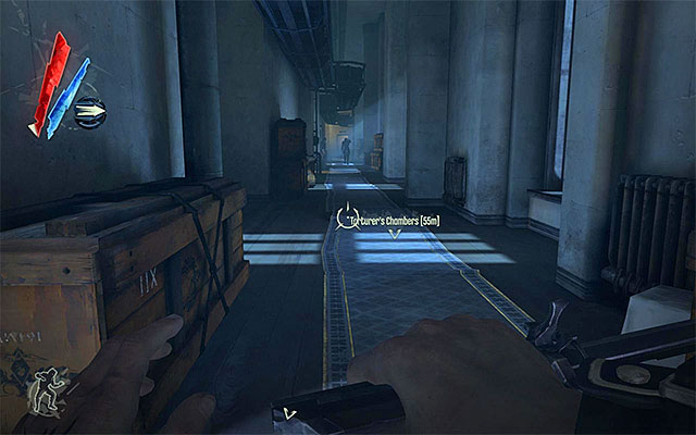 In the eastern part of the flor there is a long corridor (the above screenshot), that you can reach from the guards quarters, as well as from the staircase that couples this floor and the kitchen - Exploring the Dunwall Tower First Floor - Mission 6 - Return to the Tower - Dishonored - Game Guide and Walkthrough